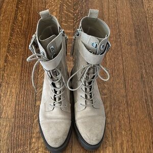 Women's Beige Lace-Up Leather Boots